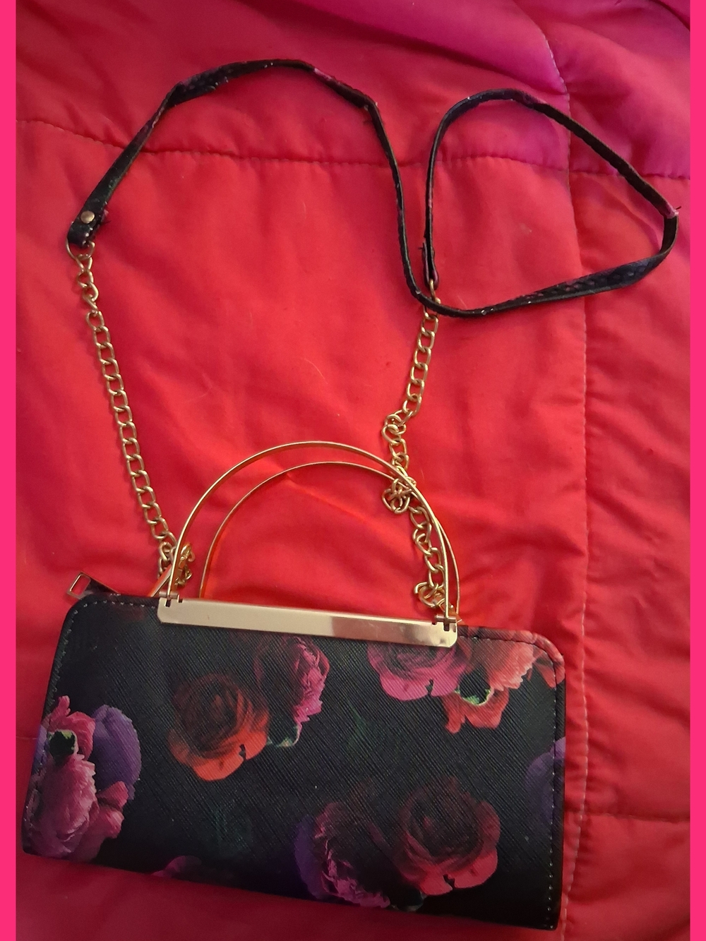 Floral Black Crossbody Bag with Gold Hardware